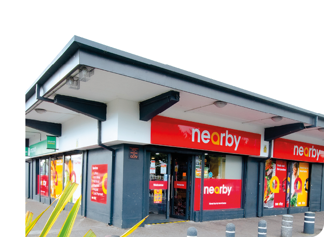 A storefront with a red sign that says “nearby" and a green sign that says "nearyby". AI generated content