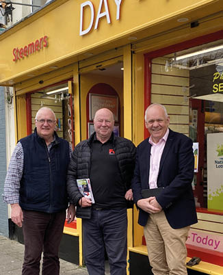 Three men are standing in front of a store, smiling for a picture. AI generated content