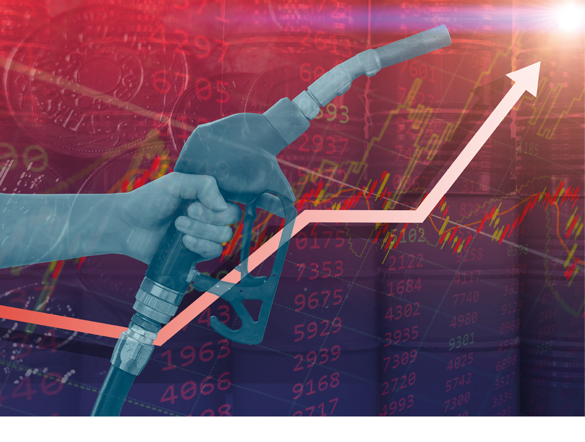 A hand is shown pumping a gas pump, with a graph showing a steady increase in price. AI generated content
