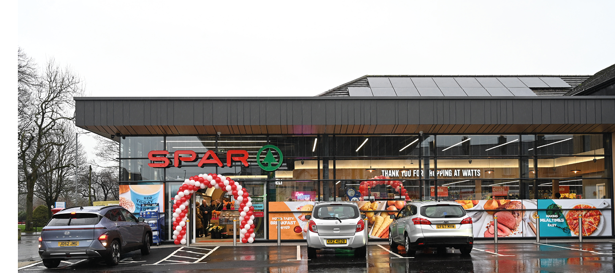 A storefront with a large sign that says “Spar". Cars are parked in front of the store. AI generated content