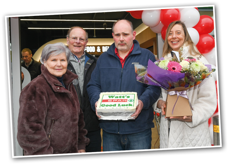 A group of people are standing in front of a deli, holding a cake. AI generated content