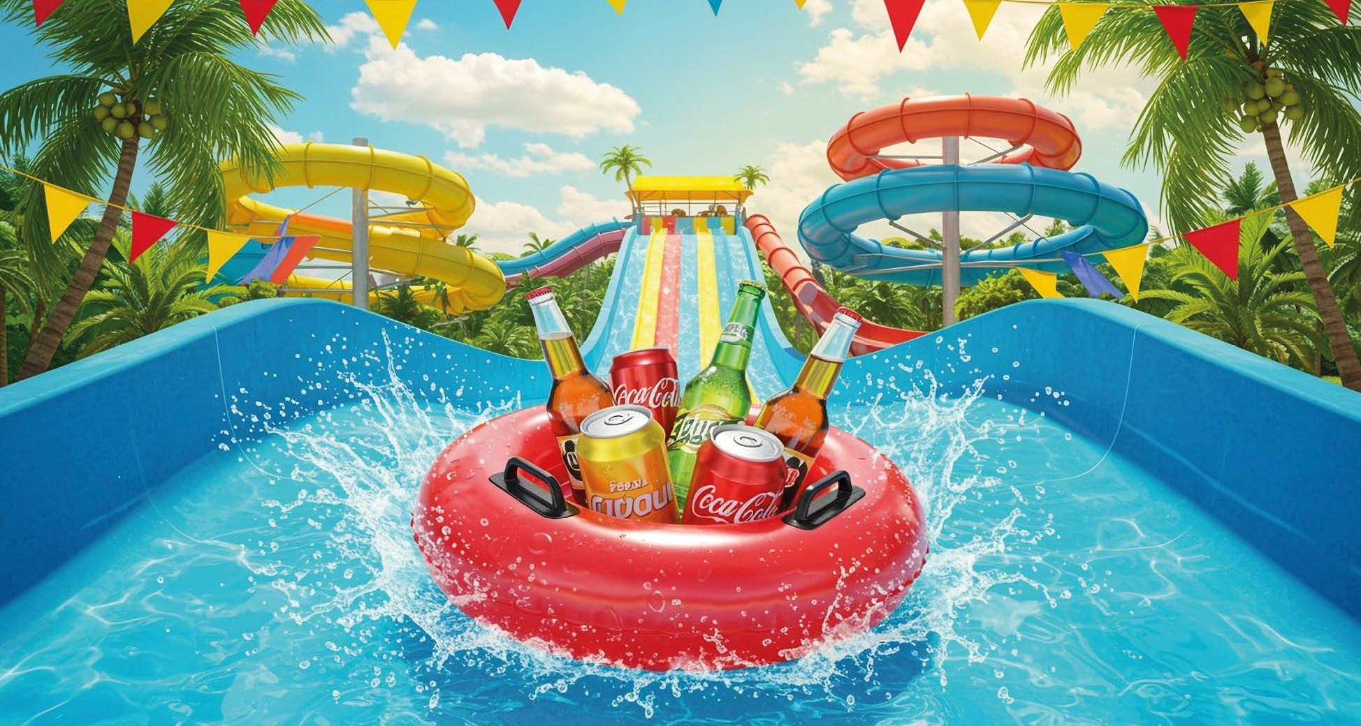 A red raft with a Coca Cola cooler on it. Description generated by AI