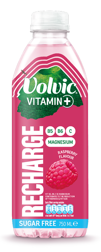 A bottle of Volvic vitamin water with a pink label. Description generated by AI