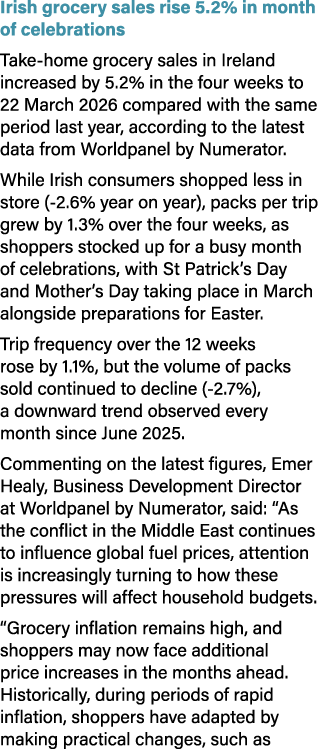 Irish grocery sales rise 5.2% in month of celebrations Take home grocery sales in Ireland increased by 5.2% in the fo...