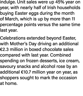 indulge. Unit sales were up 45% year on year, with nearly half of Irish households buying Easter eggs during the mont...