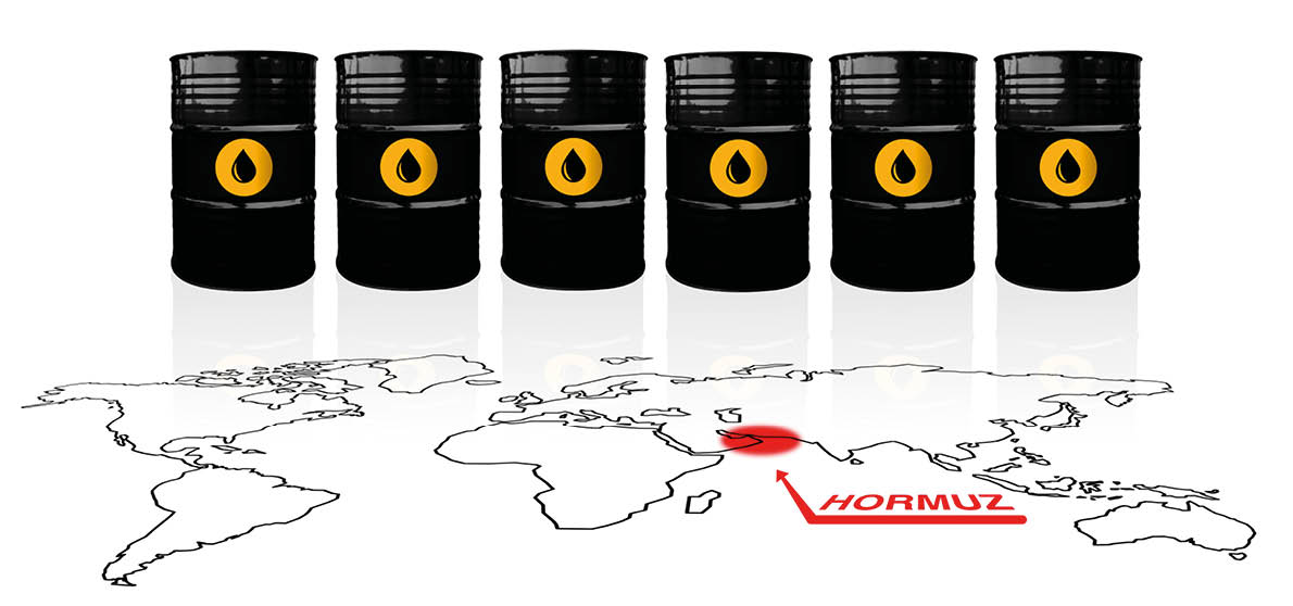 Seven black and yellow oil barrels are lined up on a map. Description generated by AI