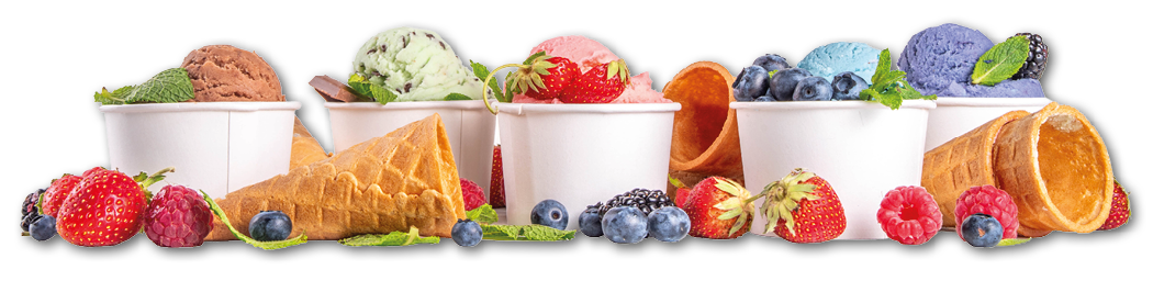 Three white bowls filled with fruit and ice cream. Description generated by AI