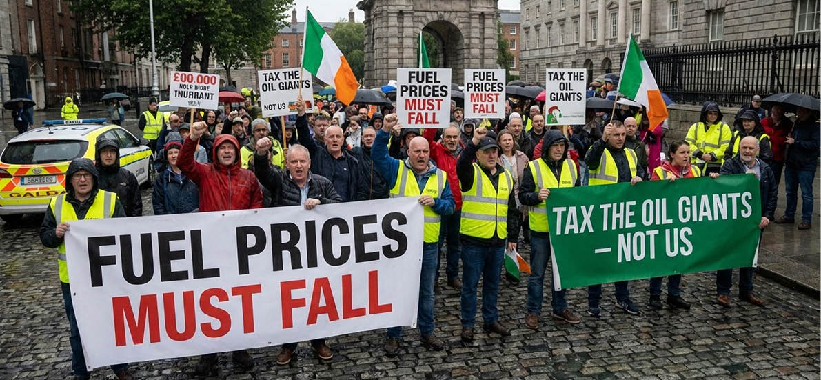 A group of people holding signs that say “Fuel Prices Must Fall". Description generated by AI