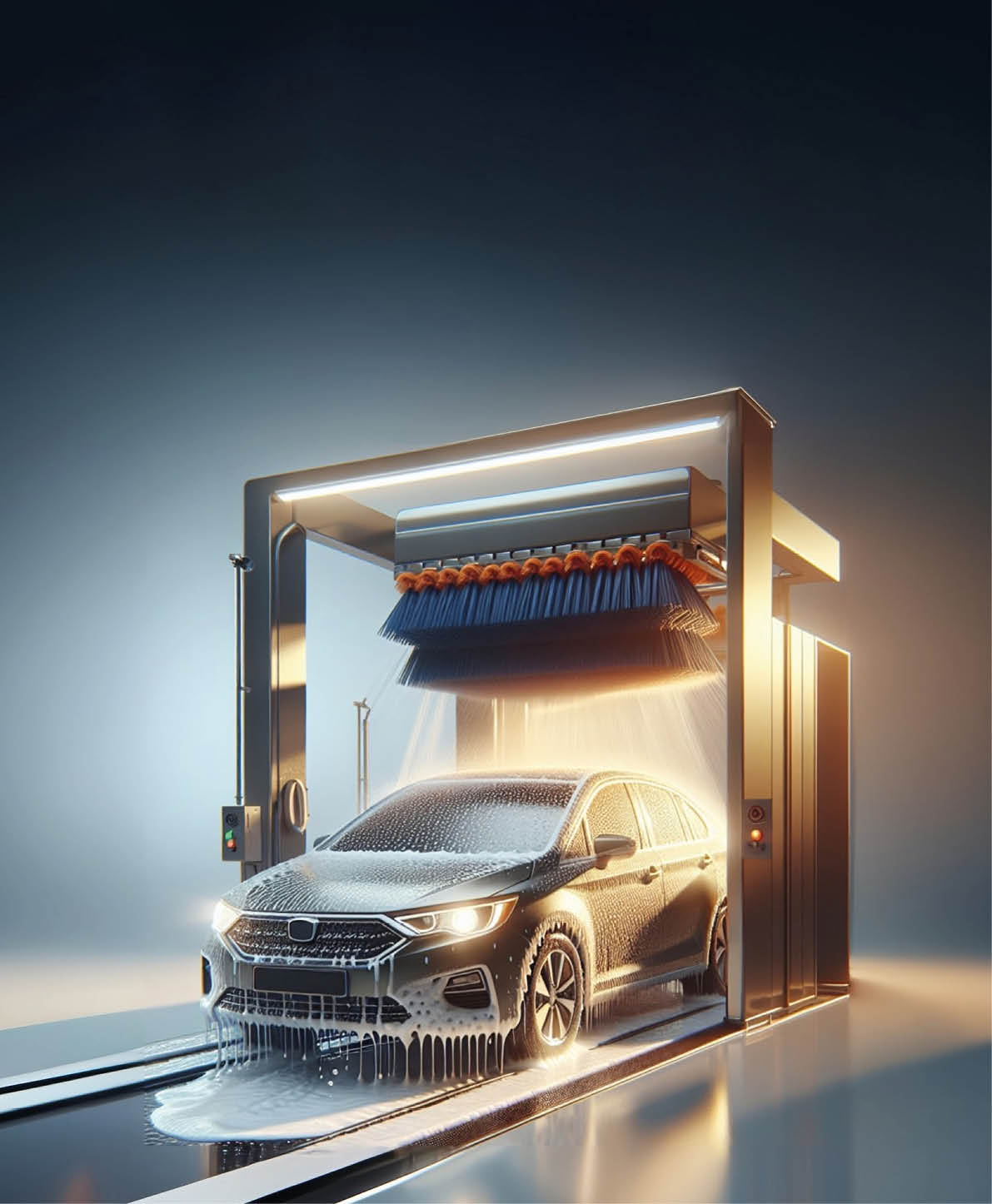 A car is being washed in a car wash. Description generated by AI