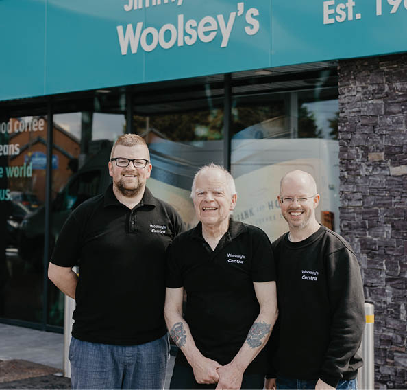 Three men are standing outside of a store. AI generated content