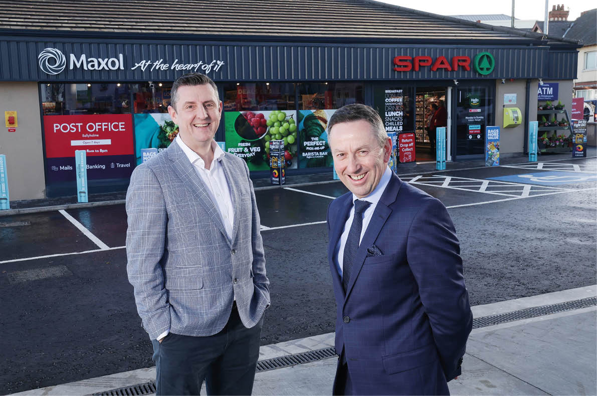 Two men in suits are standing outside a store. AI generated content