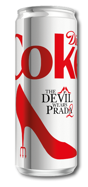 A can of diet coke with a red and white shoe on it. Description generated by AI