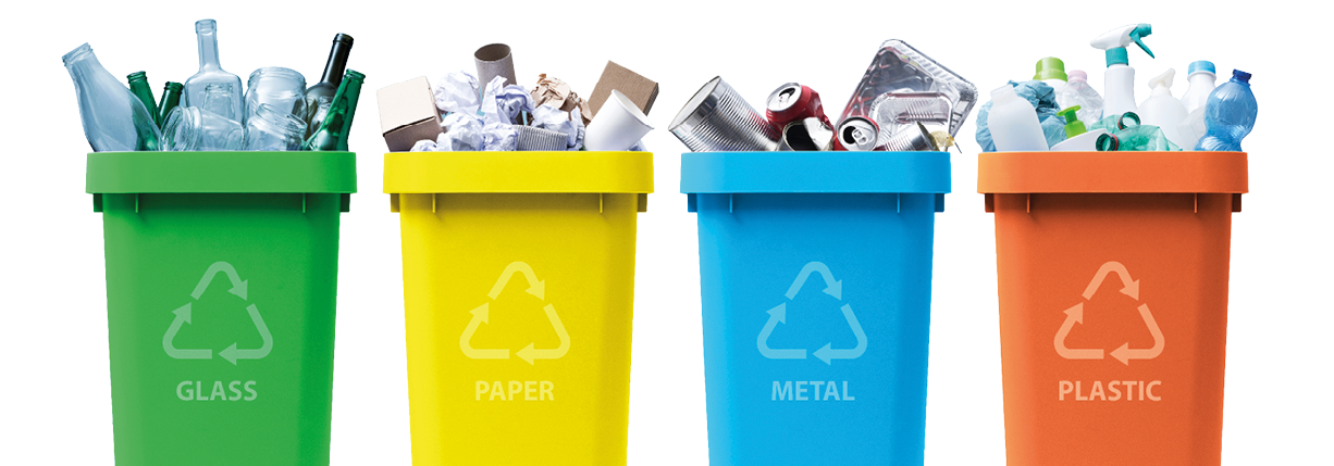 Five bins with different colors and labeled with recycling materials. Description generated by AI