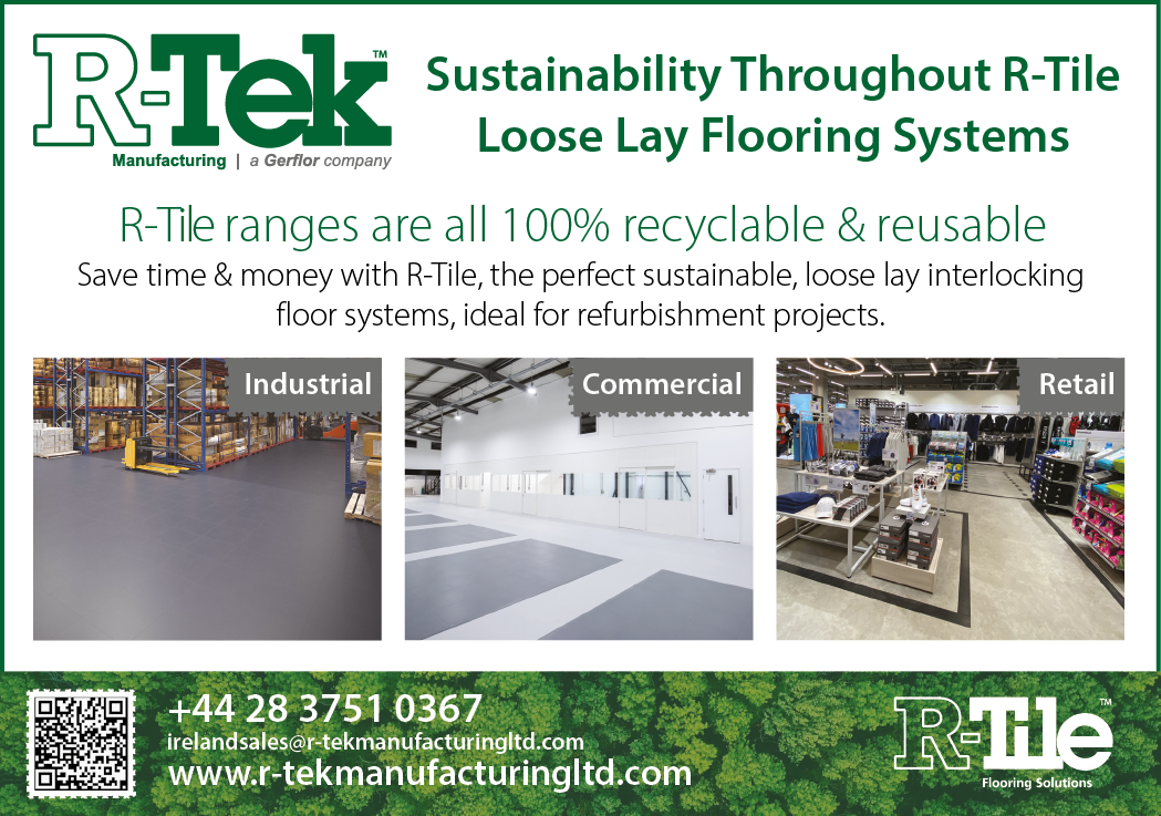 A flyer for R-Tile, a company that offers sustainable flooring solutions. Description generated by AI