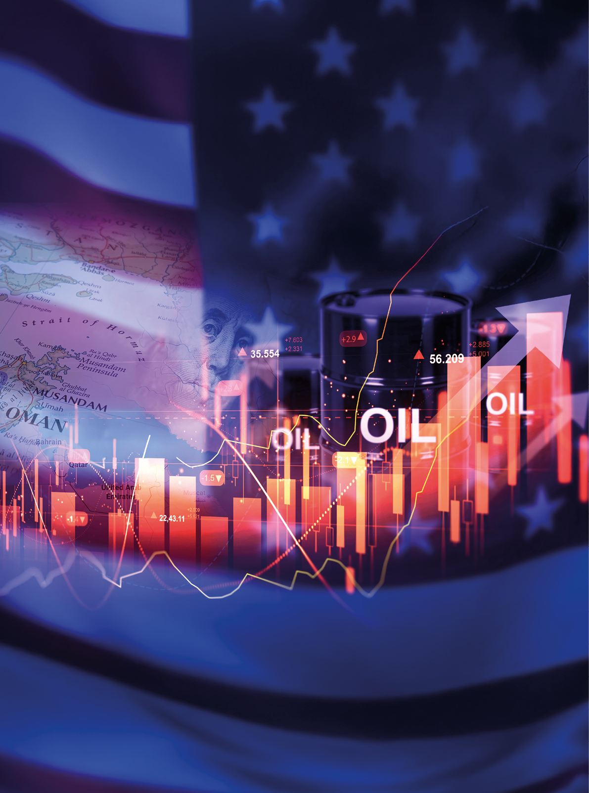 A flag with a map of the world and a graph of oil prices. Description generated by AI