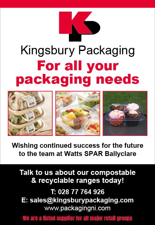 A black and white advertisement for Kingsbury Packaging. Description generated by AI