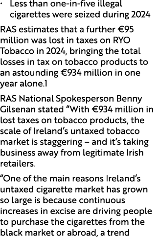 • Less than one in five illegal cigarettes were seized during 2024 RAS estimates that a further €95 million was lost ...