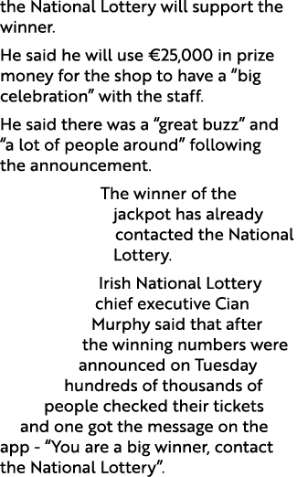 the National Lottery will support the winner. He said he will use €25,000 in prize money for the shop to have a “big ...