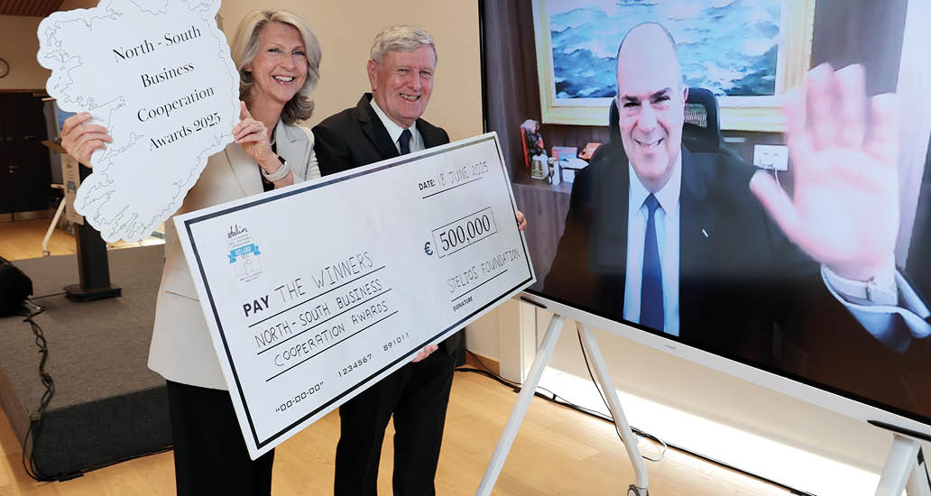 No Repro Fee. Pictured at the launch of the North-South Business Cooperation Awards at Monaghan Peace Campus were (L-R): Tracy Ghori, Co-ordinator at the Stelios Foundation, Daniel Mulhall, Former Irish Ambassador to the US, UK, Germany and Malaysia and  Sir Stelios Haji-Ioannou, Creator and Owner of the easy family of brands, and Founder and President at the Stelios Foundation. Pic. Robbie Reynolds