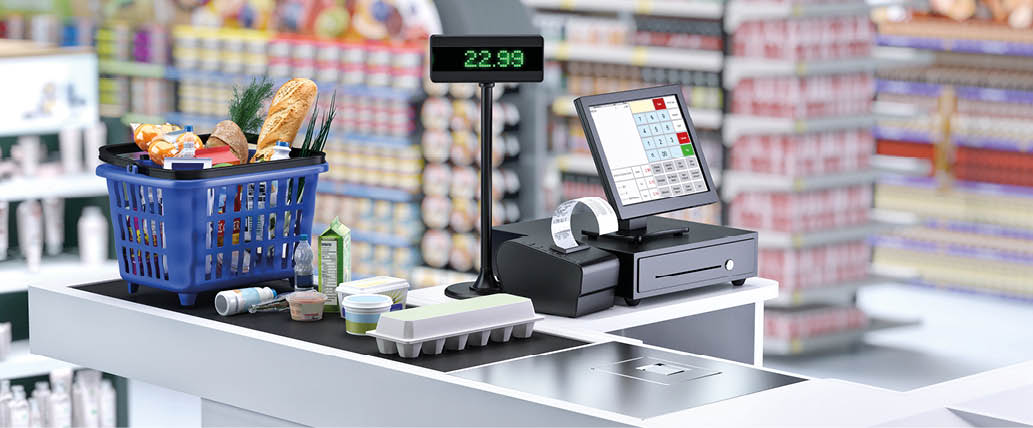 Supermarket cashier checkout work place with card payment terminal, order screen, shopping market basket with assorted grocery products, fresh food, drinks. Budget planning, money saving, economy. 3D