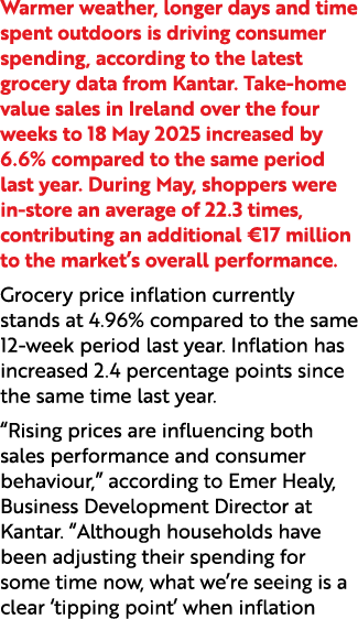 Warmer weather, longer days and time spent outdoors is driving consumer spending, according to the latest grocery dat...