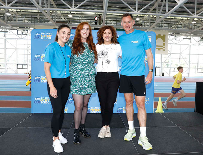 Fyffes marketing executive ine McElroy and head of marketing Emma Hunt-Duffy were all smiles as they hosted the grand final of the Ireland’s Fittest School 2025 contest which took place in Athlone recently. Pictured with them are Irish fitness trainer, Sharon Flanagan and Irish Olympian sprinter, David Gillick.