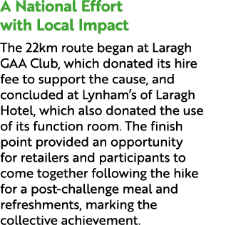 A National Effort with Local Impact The 22km route began at Laragh GAA Club, which donated its hire fee to support th...