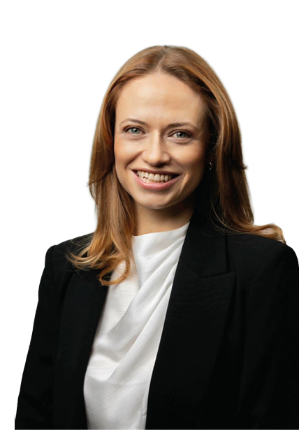 A woman wearing a black and white shirt. Description generated by AI