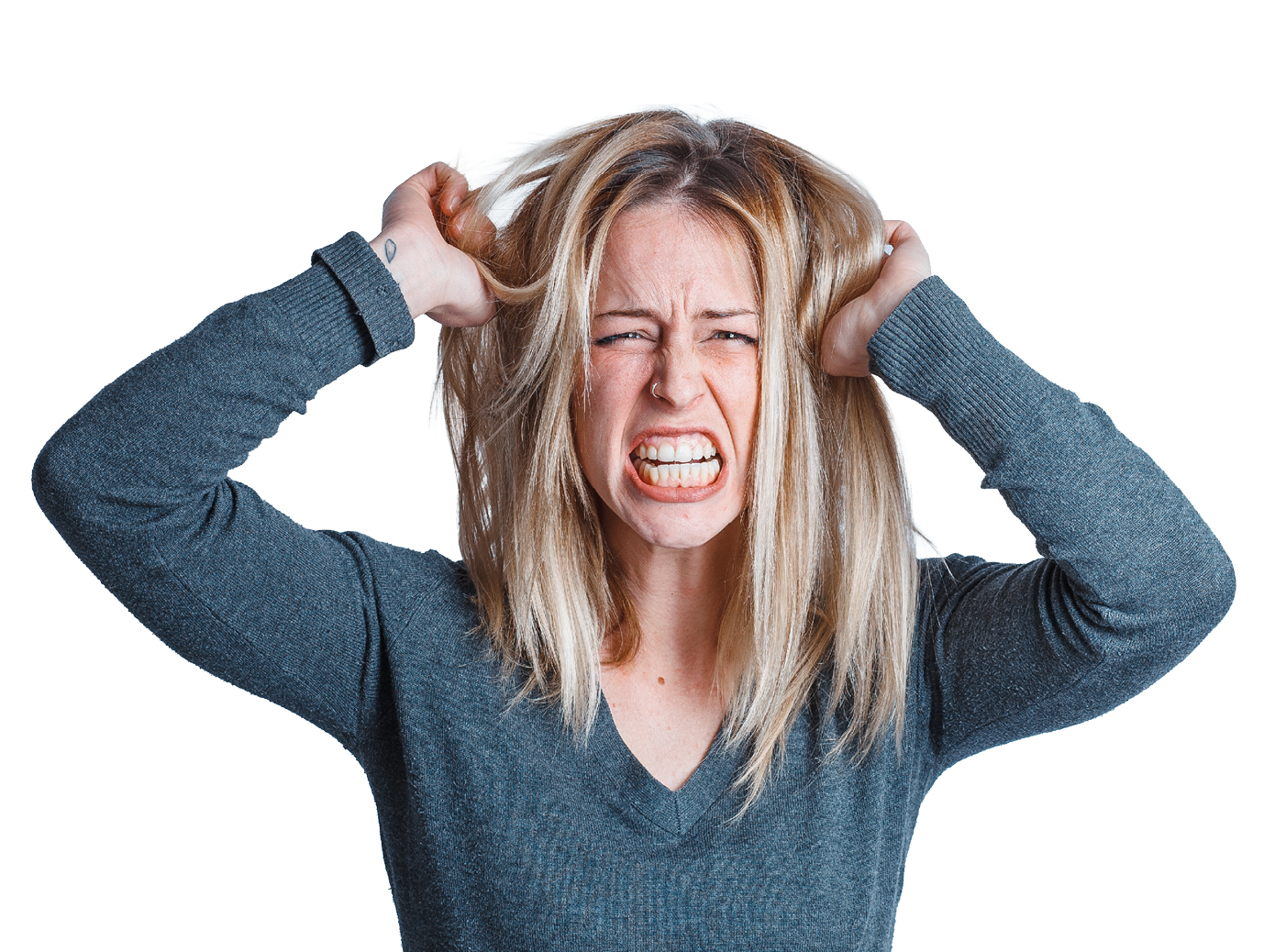 A woman with blonde hair and a grey shirt. Description generated by AI