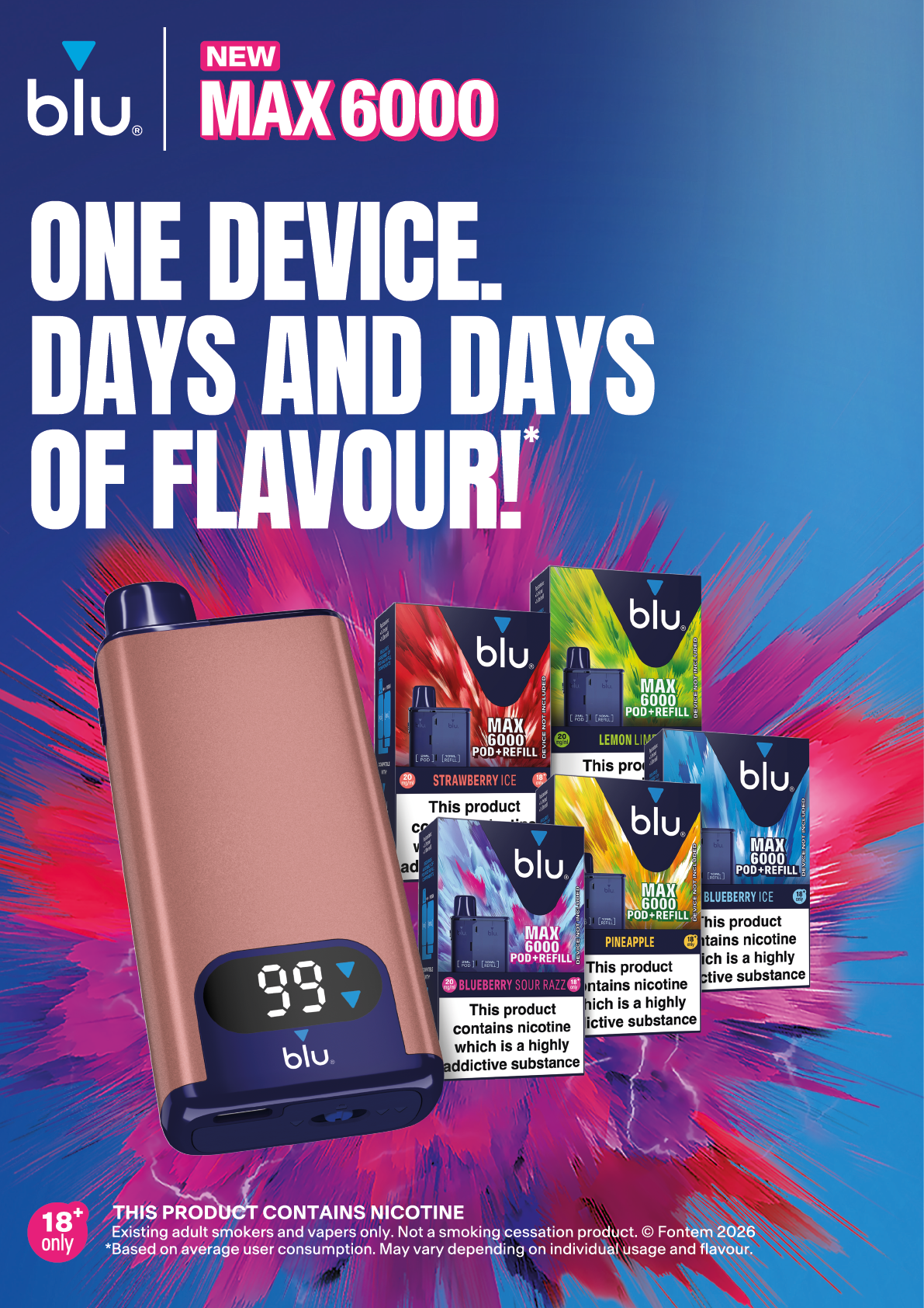 A pink electronic cigarette device with a blue background. Description generated by AI