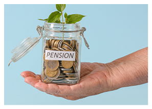 A jar of change with the word pension on it. Description generated by AI