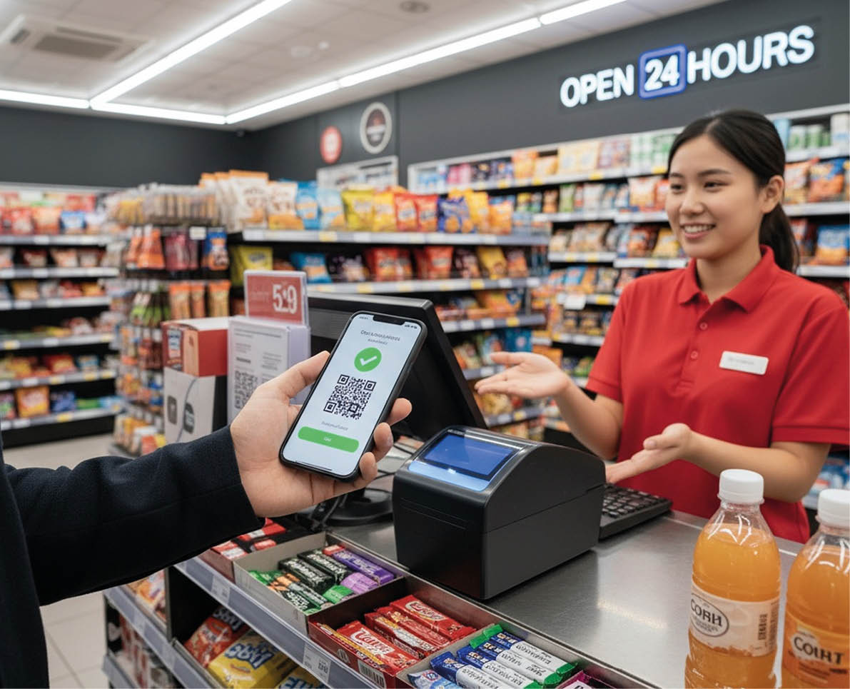 A woman is working at a cash register. Description generated by AI