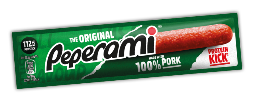 A green and white package of peperami. Description generated by AI