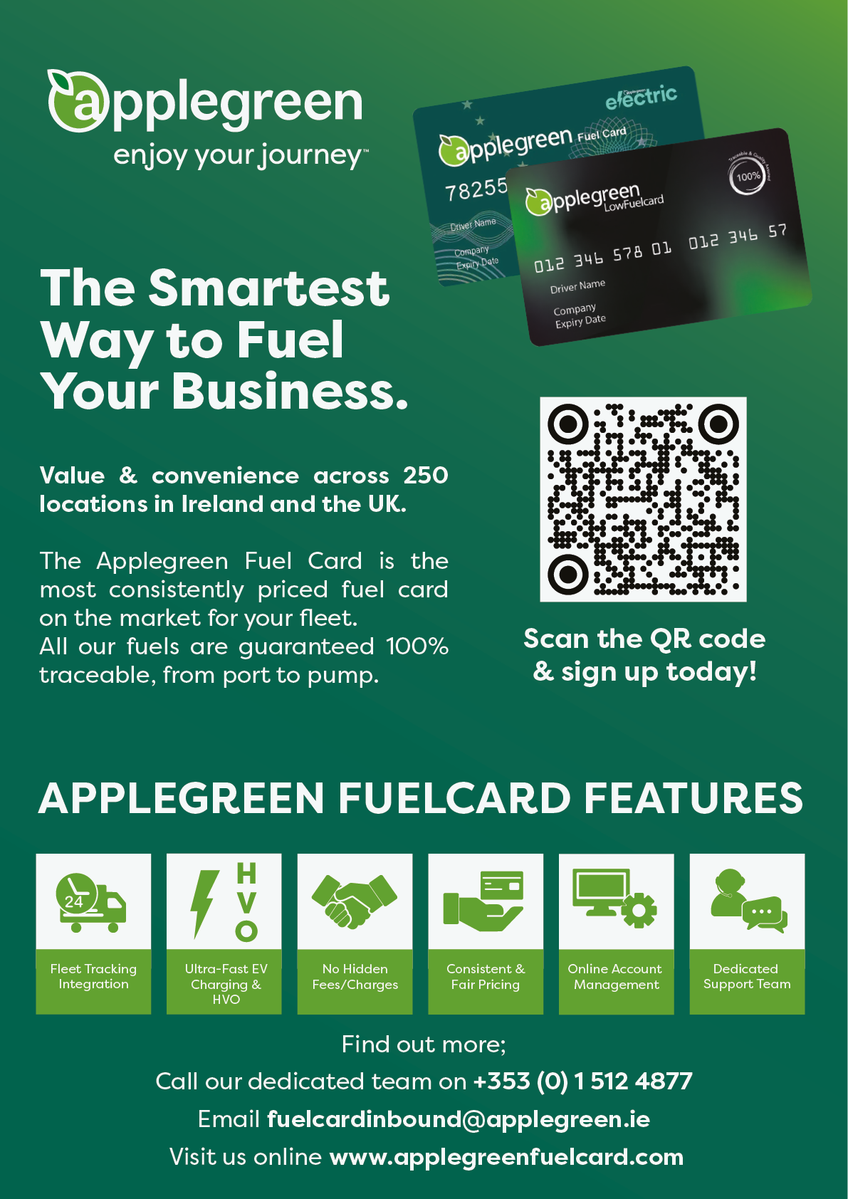 A green advertisement for the Applegreen fuel card. Description generated by AI