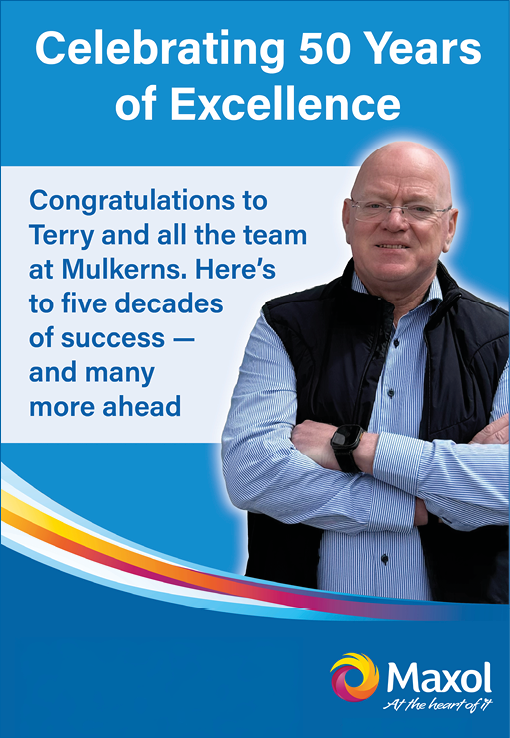 A congratulatory sign for Terry and all the team at Mulkerrins, Eurospar on celebrating 50 years. Description generated by AI