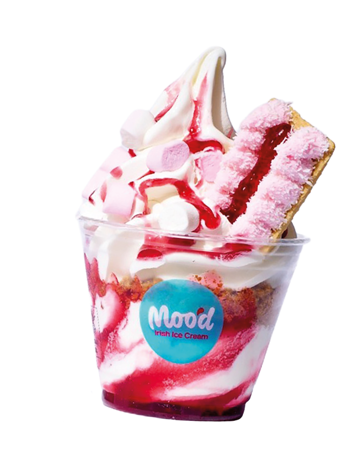 A cup of red and white ice cream with a cookie on top. Description generated by AI