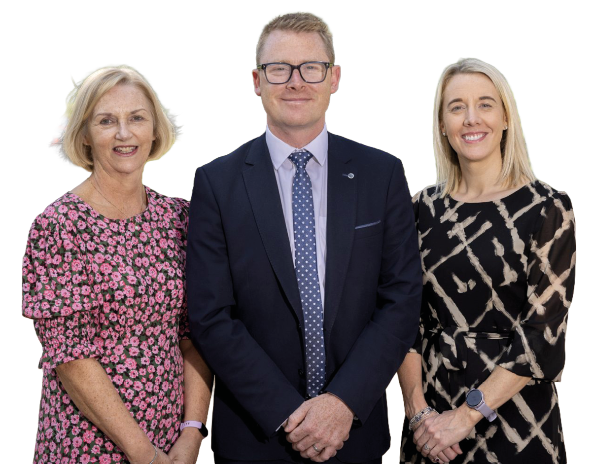 Three people standing together. Description generated by AI