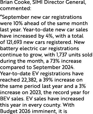 Brian Cooke, SIMI Director General, commented: “September new car registrations were 10% ahead of the same month last...