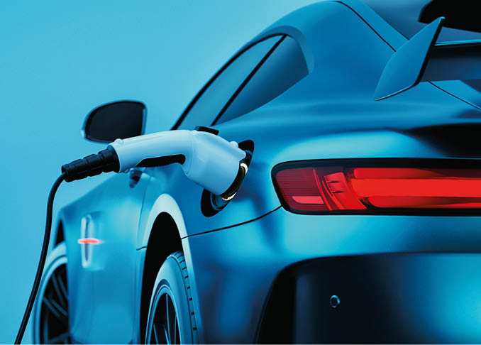 EV Electric car silhouette with low battery charging at electric charge station. 3d render and illustration.