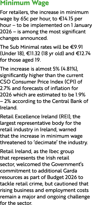 Minimum Wage For retailers, the increase in minimum wage by 65c per hour, to €14.15 per hour – to be implemented on 1...