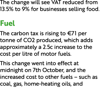 The change will see VAT reduced from 13.5% to 9% for businesses selling food. Fuel The carbon tax is rising to €71 pe...