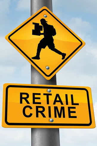 Retail crime theft problem robbing and shoplifting stores business concept of a shoplifter stealing merchandise from a retailer as a thief committing larceny with 3D illustration elements.