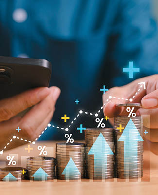 Interest rate increase concept, money percentage commission credit. Bank policy price raise. Businessman use mobile phone, coin, calculator, arrow and percentage symbol, financial banking increase