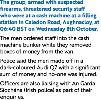 The group, armed with suspected firearms, threatened security staff who were at a cash machine at a filling station i...