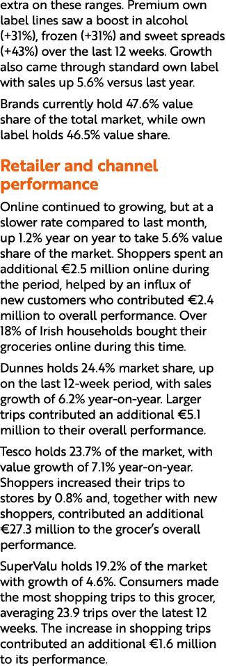 extra on these ranges. Premium own label lines saw a boost in alcohol (+31%), frozen (+31%) and sweet spreads (+43%) ...