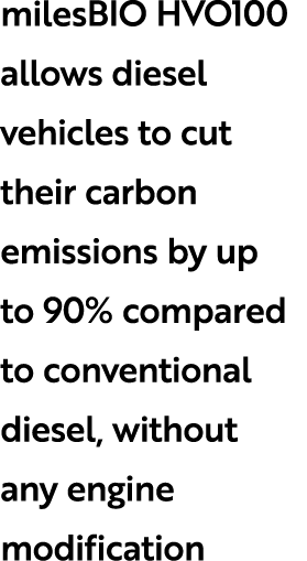 milesBIO HVO100 allows diesel vehicles to cut their carbon emissions by up to 90% compared to conventional diesel, wi...