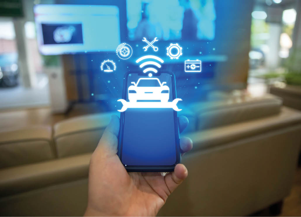 Intelligent car app concept on a smartphone, featuring Car App-Connect—a smart car companion that provides seamless vehicle management and service alerts