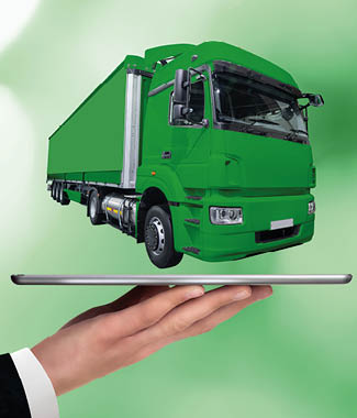 Hand with digital tablet and green truck. Green fleet management concept.