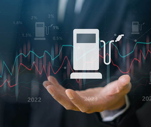 Concept of energy management with businessman presenting a oil price display of fuel pump intertwined with upward trending graphs, Oil energy graph world market, market trends, economic growth