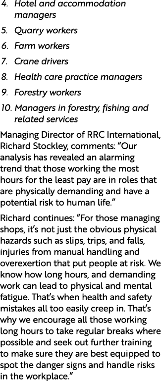 4. Hotel and accommodation managers 5. Quarry workers 6. Farm workers 7. Crane drivers 8. Health care practice manage...